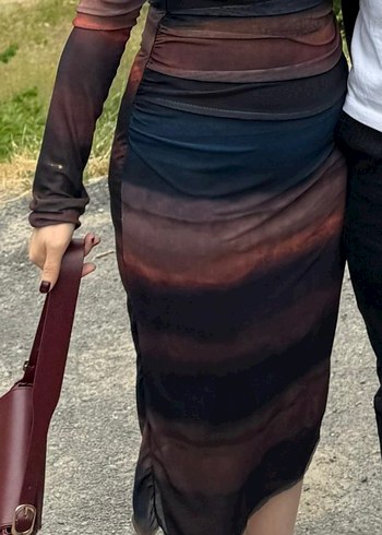 m Beden Uzun Kol, Yüksek Yaka, Drapeli Kadın Elbise