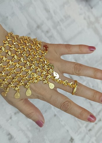 yüzüklü Şahmeran Kadın Altın Renk Zincir Detaylı El Zinciri - Görsel 4