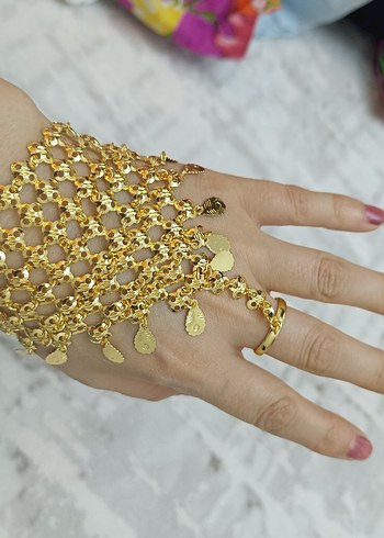 yüzüklü Şahmeran Kadın Altın Renk Zincir Detaylı El Zinciri - Görsel 6