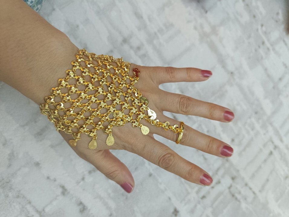 yüzüklü Şahmeran Kadın Altın Renk Zincir Detaylı El Zinciri - Görsel 4