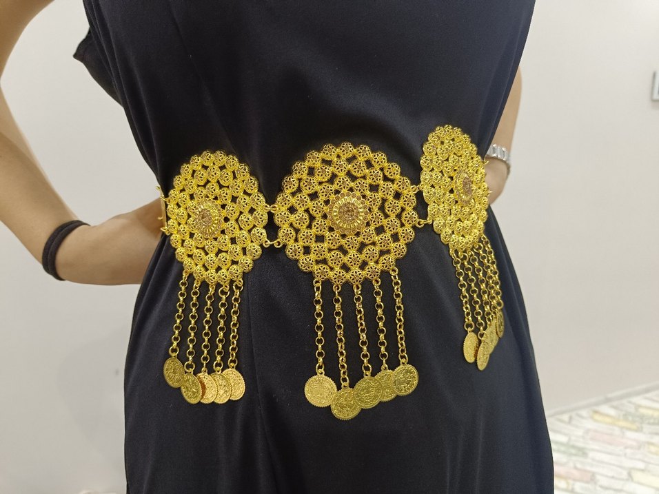 yöresel kemer Altın Renkli Nakışlı Zincir Detaylı Bel Aksesuarı - Görsel 3