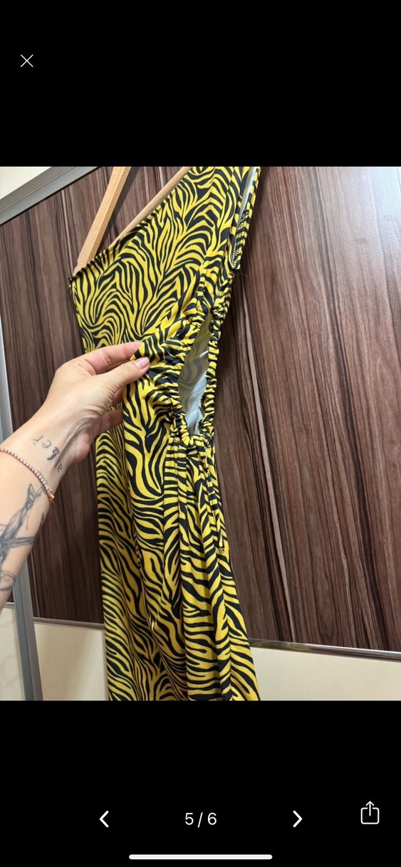 Sarı Zebra Desenli Asimetrik Mini Elbise - Görsel 3