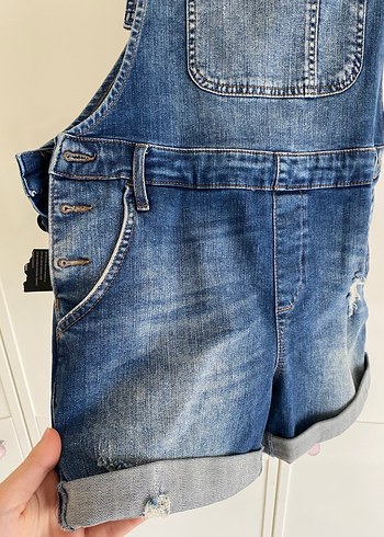 Kadın Mavi Denim Askılı Bol Kesim Şort Tulum - Görsel 8