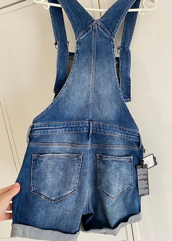 Kadın Mavi Denim Askılı Bol Kesim Şort Tulum - Görsel 10