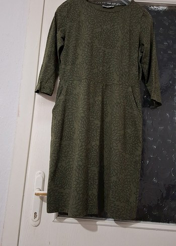 Uzun Kollu Koyu Yeşil Kadın pamuklu penye elbise - Görsel 2