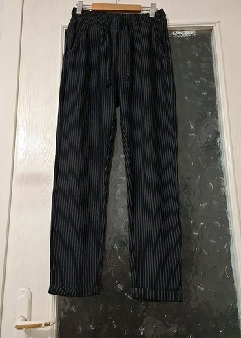 Kadın Siyah Çizgili Keten Pantolon - Görsel 2