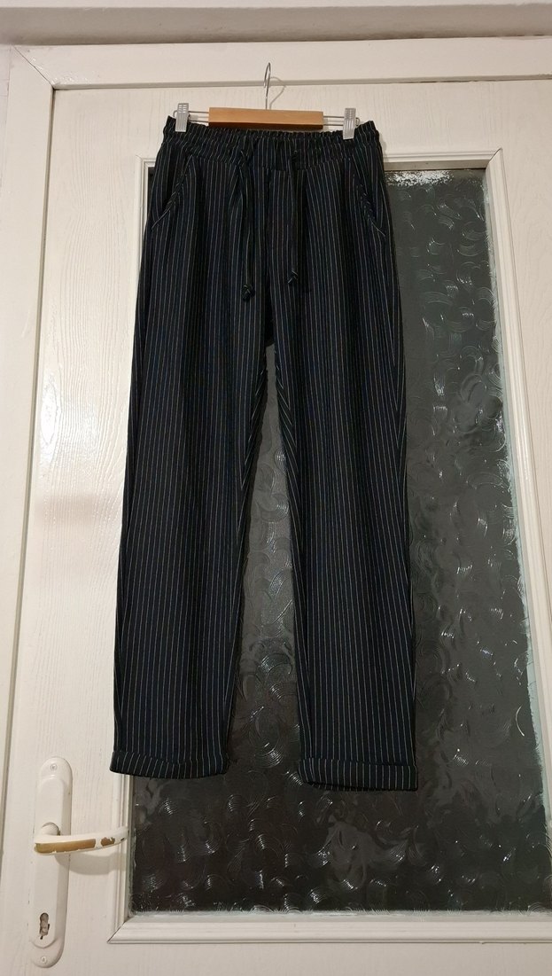 Kadın Siyah Çizgili Keten Pantolon - Görsel 2