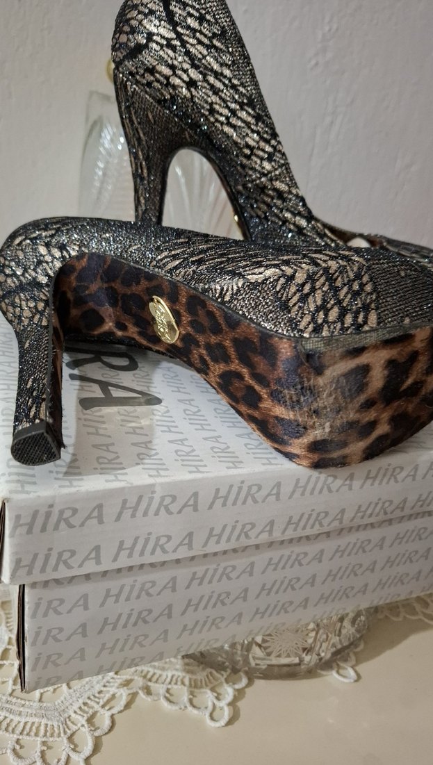 Dantel leopar desenli topuklu abiye bayan ayakkabı. - Görsel 3