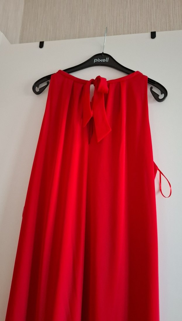 Kırmızı Midi Drapeli Kolsuz Abiye Elbise - Görsel 4