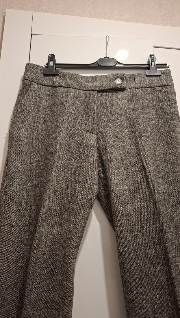 Kadın Gri Yün Kumaş Kemerli Pantolon - Görsel 2