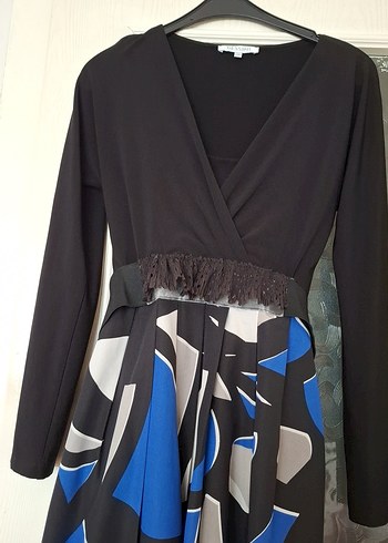 Uzun Kollu Drapeli Desenli Mavi Elbise - Görsel 2