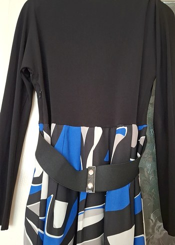 Uzun Kollu Drapeli Desenli Mavi Elbise - Görsel 5