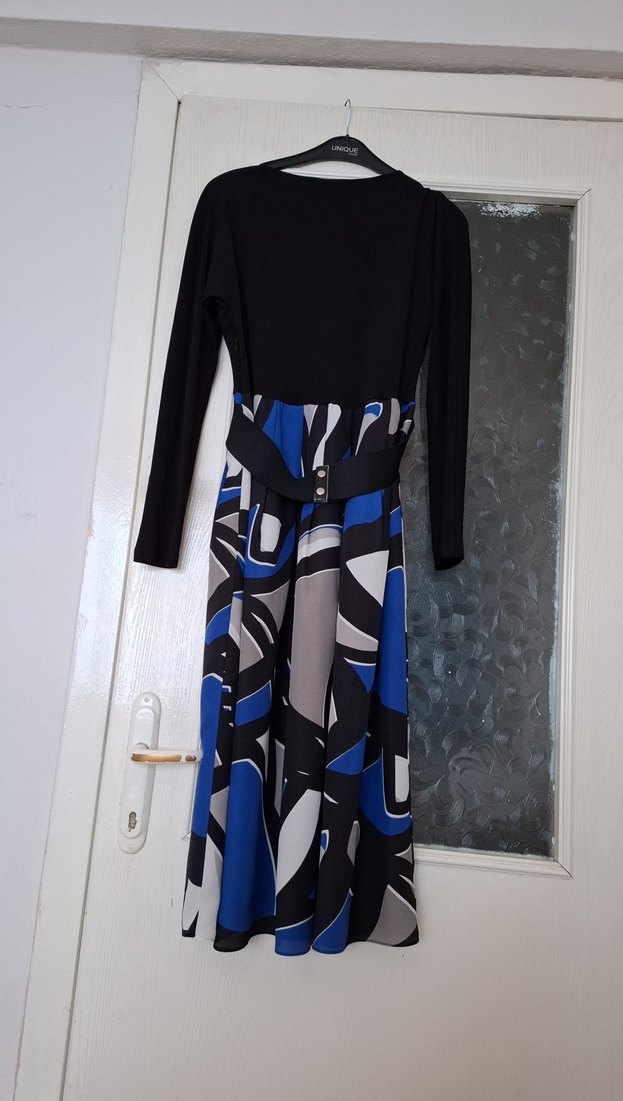 Uzun Kollu Drapeli Desenli Mavi Elbise - Görsel 4