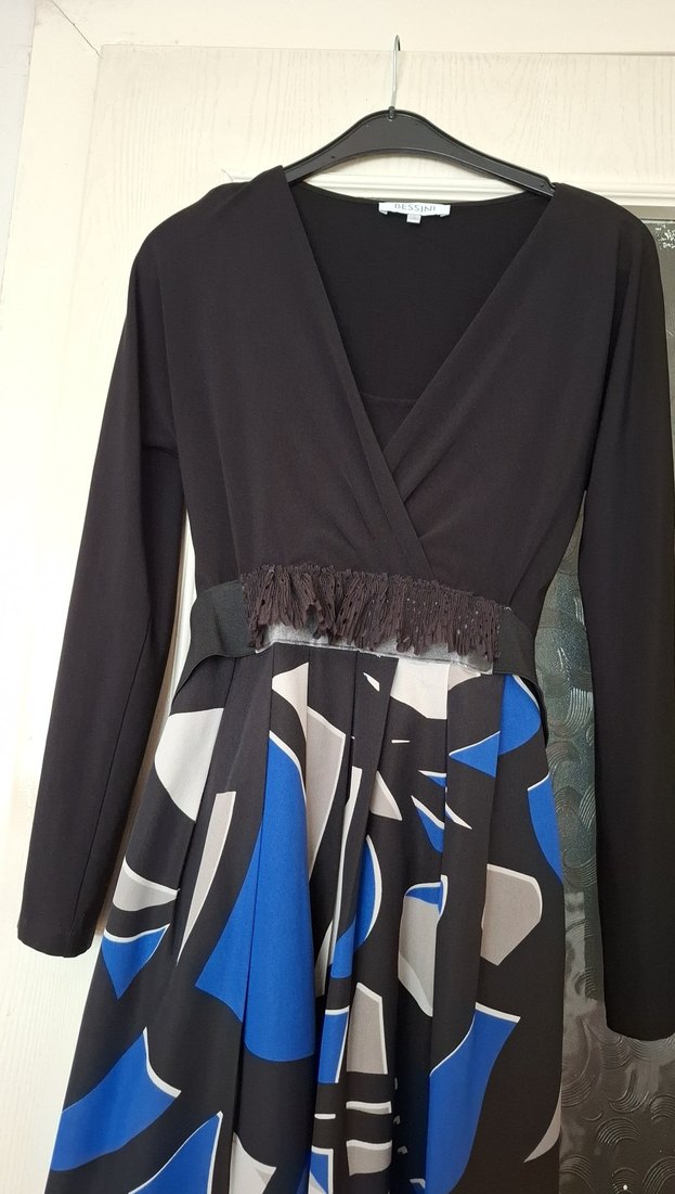 Uzun Kollu Drapeli Desenli Mavi Elbise - Görsel 2