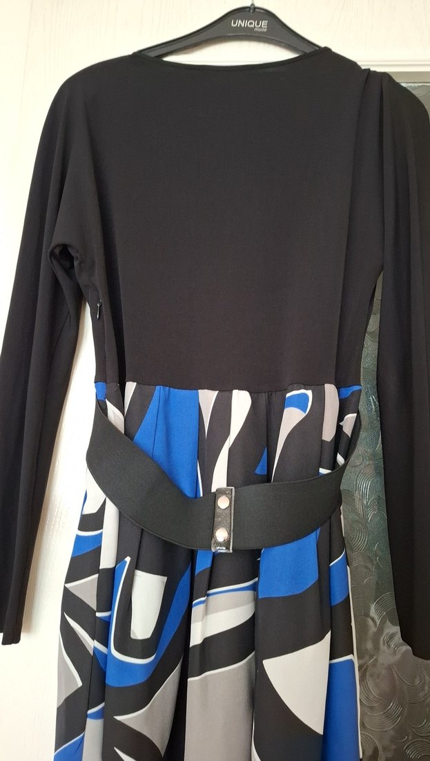 Uzun Kollu Drapeli Desenli Mavi Elbise - Görsel 5