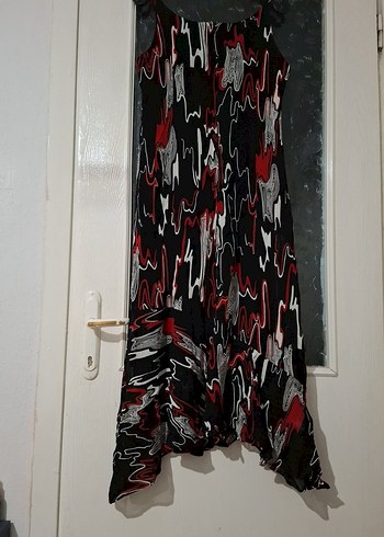 Kolsuz, Asimetrik Kesim Çok Renkli Uzun Elbise - Görsel 3