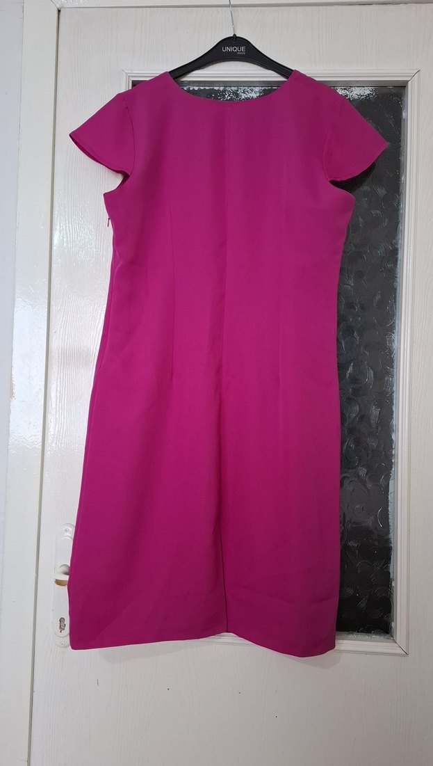 Pembe Midi Kısa Kollu Drapeli Elbise - Görsel 3