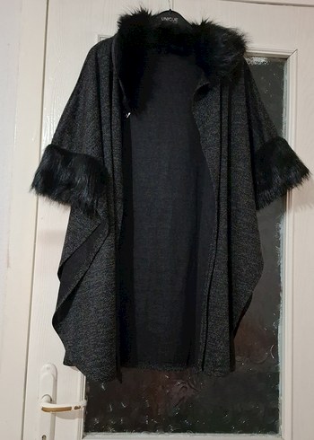 Gri Kadın Ponço, Kürk Detaylı, Midi Boy - Görsel 2