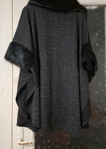 Gri Kadın Ponço, Kürk Detaylı, Midi Boy - Görsel 5