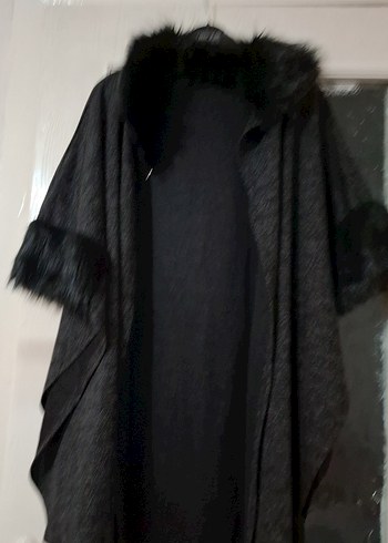 Gri Kadın Ponço, Kürk Detaylı, Midi Boy - Görsel 3