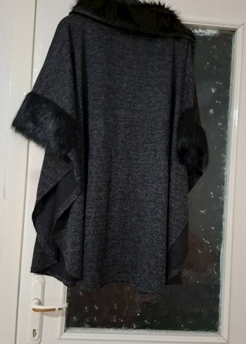 Gri Kadın Ponço, Kürk Detaylı, Midi Boy - Görsel 4