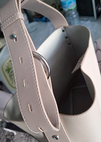 Bej Deri Kadın Omuz Çantası Tokalı - Görsel 4