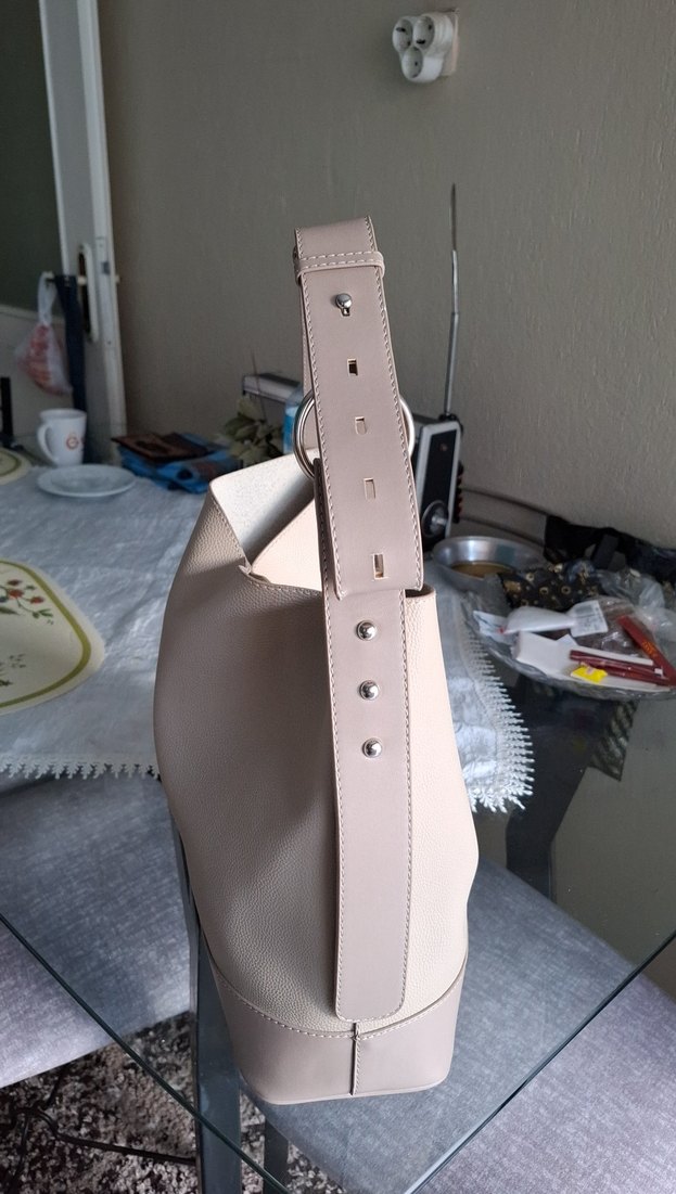 Bej Deri Kadın Omuz Çantası Tokalı - Görsel 2