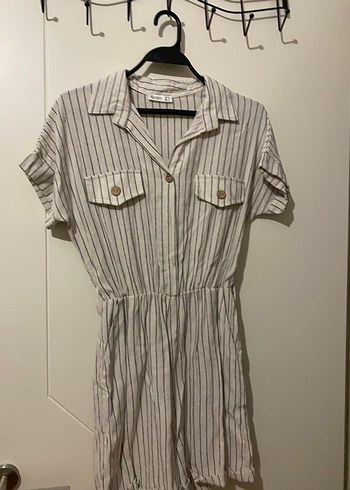 Bej Çizgili Keten tulum - Görsel 3