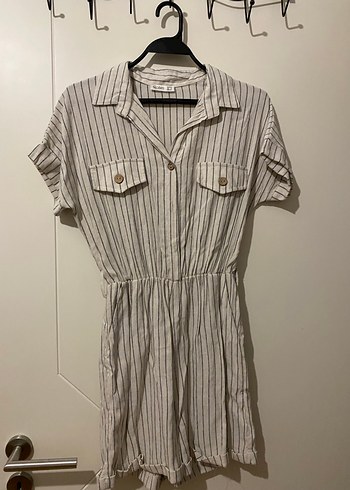 Bej Çizgili Keten tulum - Görsel 2