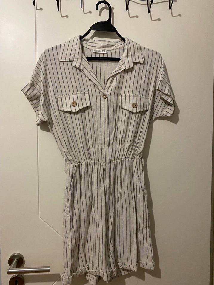 Bej Çizgili Keten tulum - Görsel 2