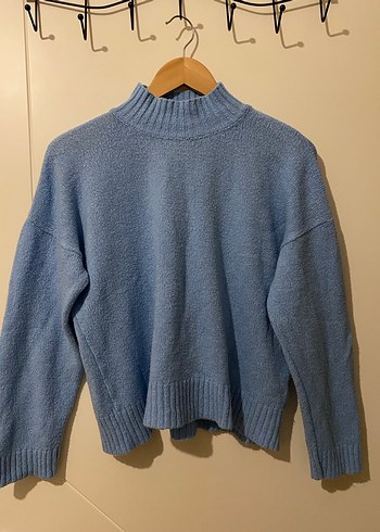 Mavi Yüksek Yakalı Örgü Kadın Kazak - Görsel 4