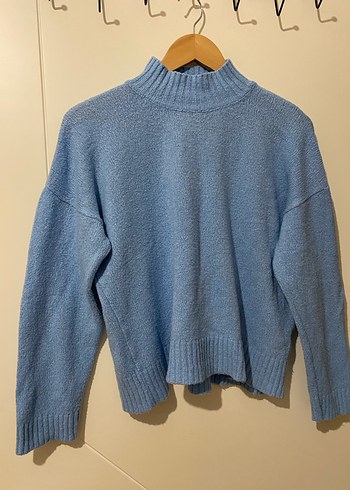 Mavi Yüksek Yakalı Örgü Kadın Kazak - Görsel 2
