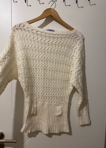 Beyaz Örgü Bohem Kadın Kazak - Görsel 4