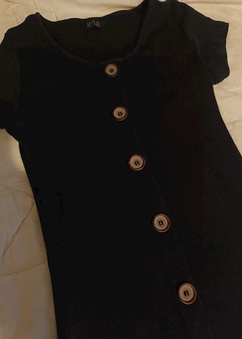 s Beden Düğmeli Siyah Günlük Elbise