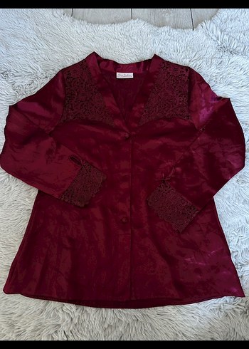 Bordo Nakışlı Uzun Kollu Kadın gecelik - Görsel 3