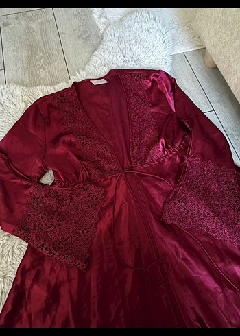 Bordo Nakışlı Uzun Kollu Kadın gecelik - Görsel 2