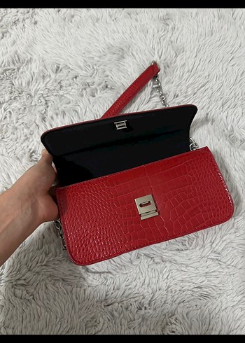 Kırmızı Deri Kadın Çanta Yılan Desenli - Görsel 2