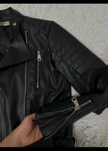 Kadın Siyah Deri Biker Ceket - Görsel 5