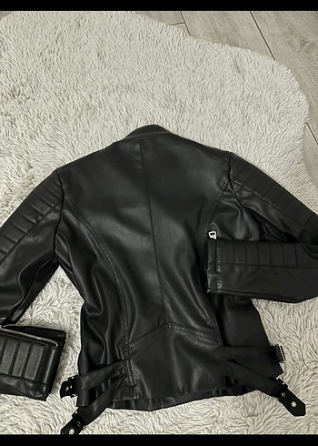 Kadın Siyah Deri Biker Ceket - Görsel 4