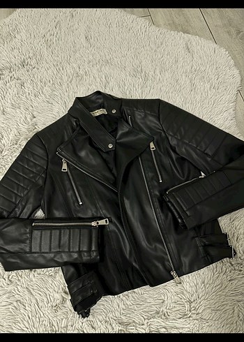 Kadın Siyah Deri Biker Ceket - Görsel 2