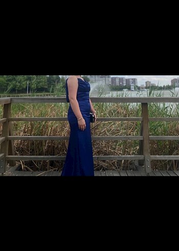 V Yaka Drapeli Lacivert Midi Abiye Elbise - Görsel 2