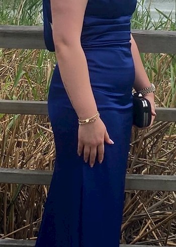 V Yaka Drapeli Lacivert Midi Abiye Elbise - Görsel 4