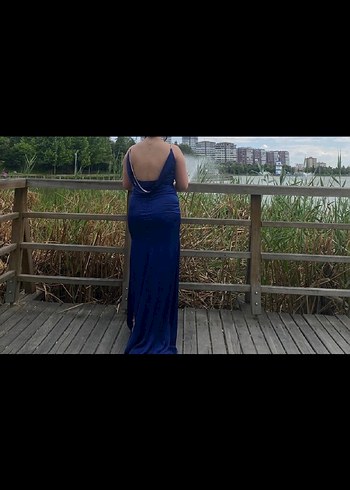 V Yaka Drapeli Lacivert Midi Abiye Elbise - Görsel 3