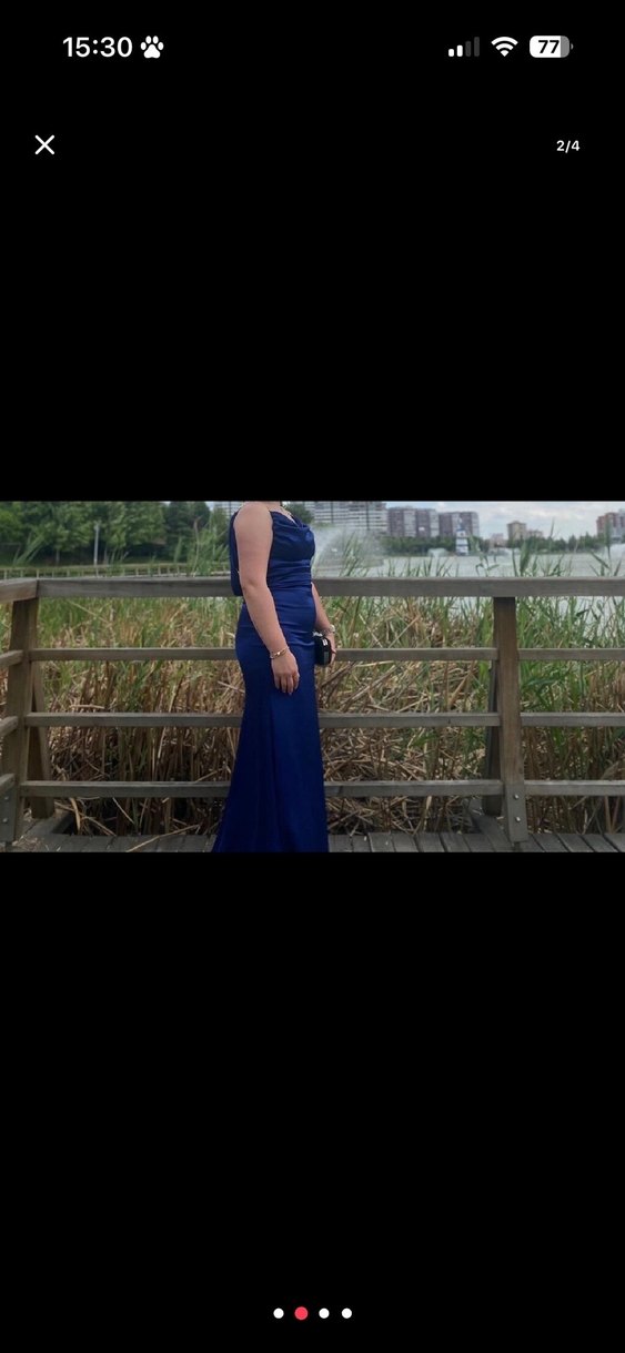 V Yaka Drapeli Lacivert Midi Abiye Elbise - Görsel 2