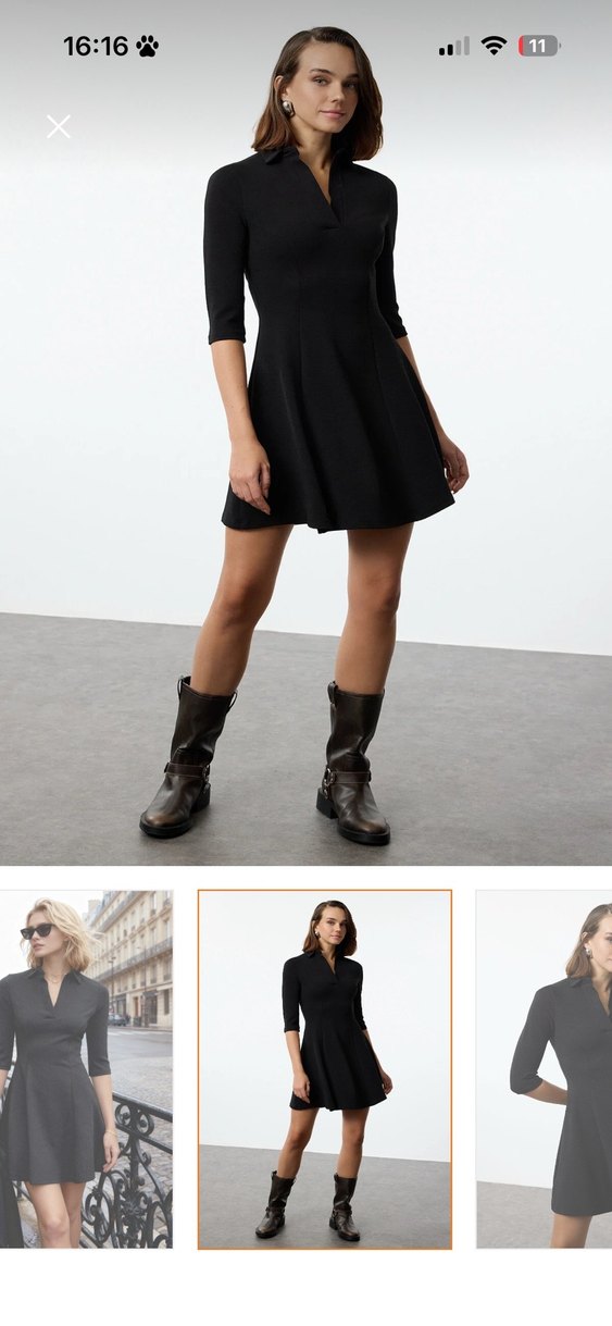 Siyah V Yaka Mini Elbise - Görsel 2