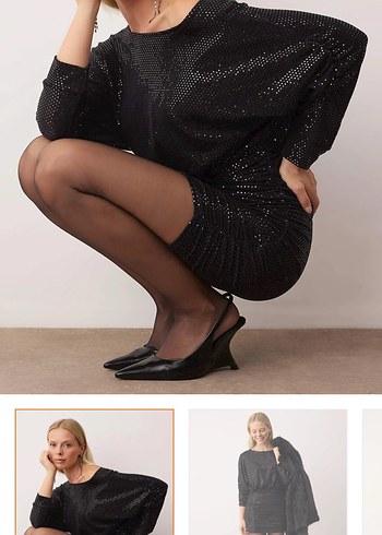 Parlak Siyah normal yaka Mini Elbise - Görsel 2