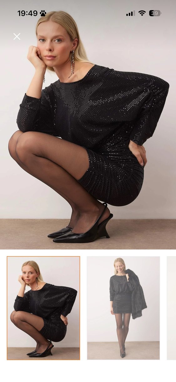 Parlak Siyah normal yaka Mini Elbise - Görsel 2