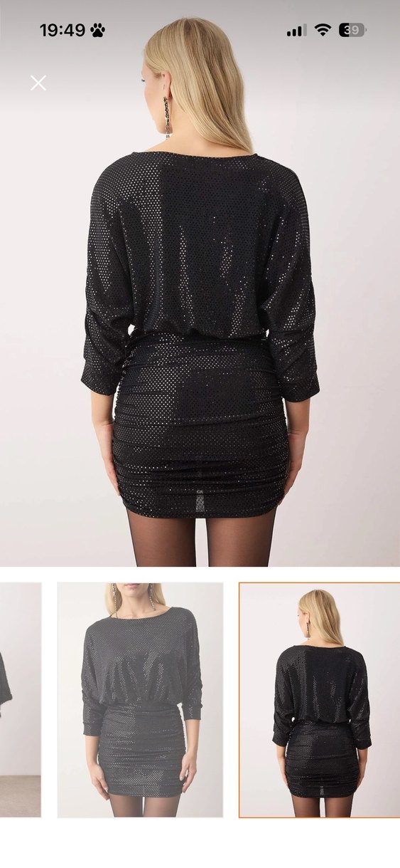 Parlak Siyah normal yaka Mini Elbise - Görsel 4