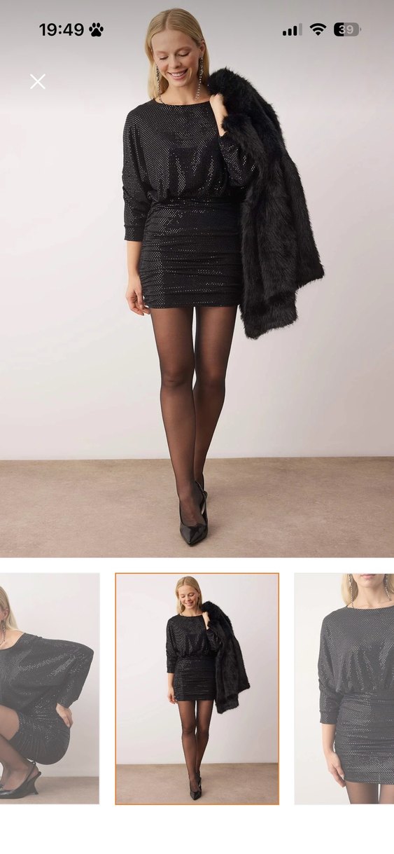 Parlak Siyah normal yaka Mini Elbise - Görsel 3