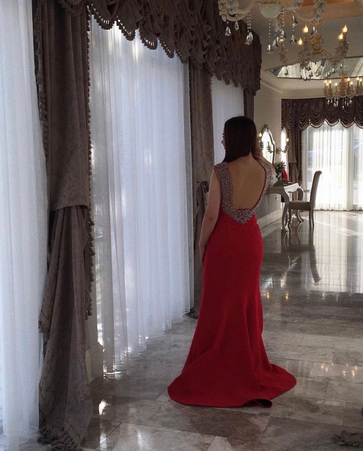 Kırmızı Drapeli Uzun Abiye Elbise - Görsel 2